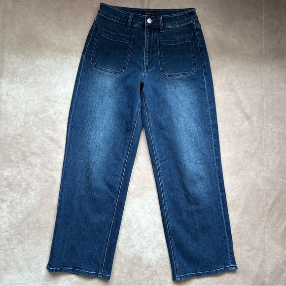 Quince Denim - Quince Organic Cotton Stretch High Rise Patch Pocket Wide Leg Blue Jeans 27